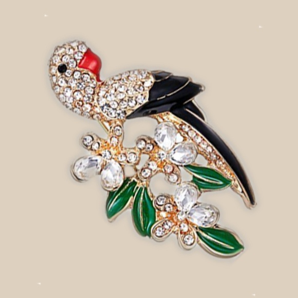 Parrot Brooch Pin Back Crystal Rhinestone Leaves Branches - Pin Back- Detailed - Picture 4 of 7